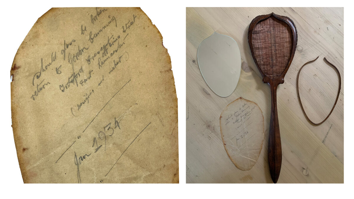Restaurierung eines Handspiegels, 1934, Tasmanien, Australien<br/> Möbelrestaurator ist es, die Spuren der Zeit zu respektieren – und ihnen durch sorgfältige Restaurierung ein neues Kapitel hinzuzufügen. 